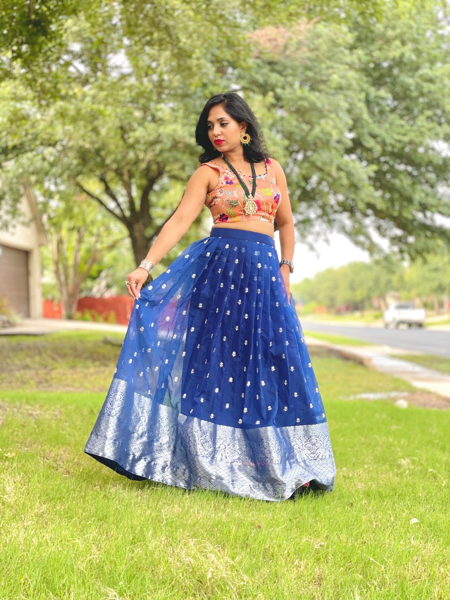 Indigo and peach lehenga set - Million Raagas