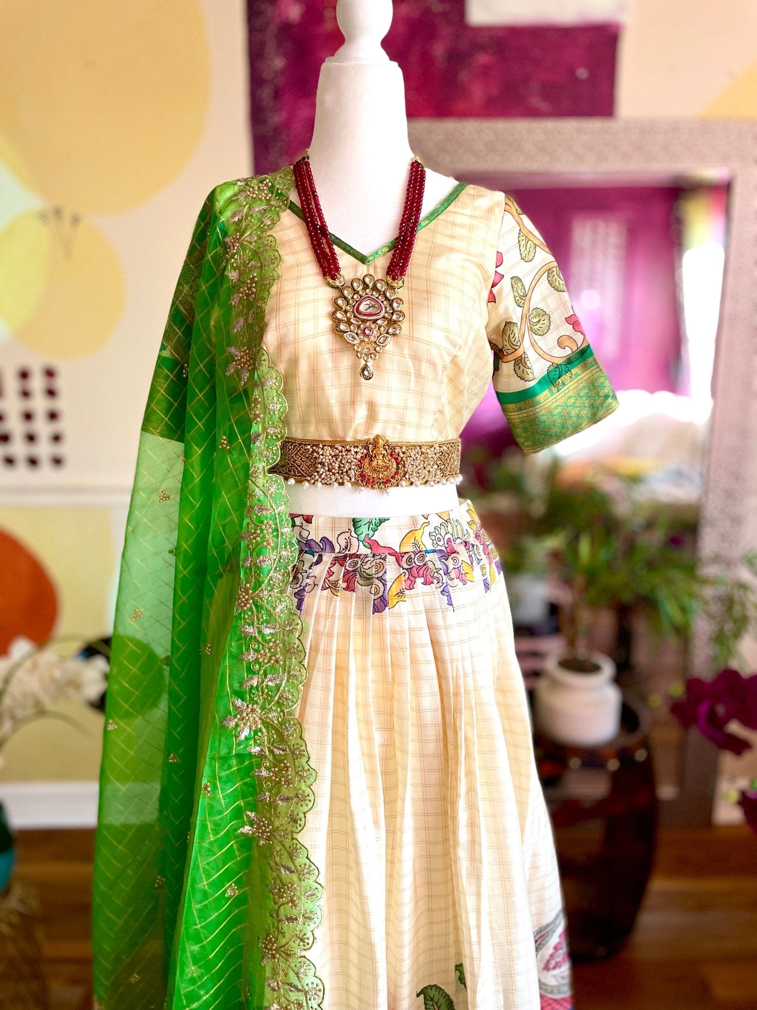 Kalamkari tale lehenga set - Green - Million Raagas