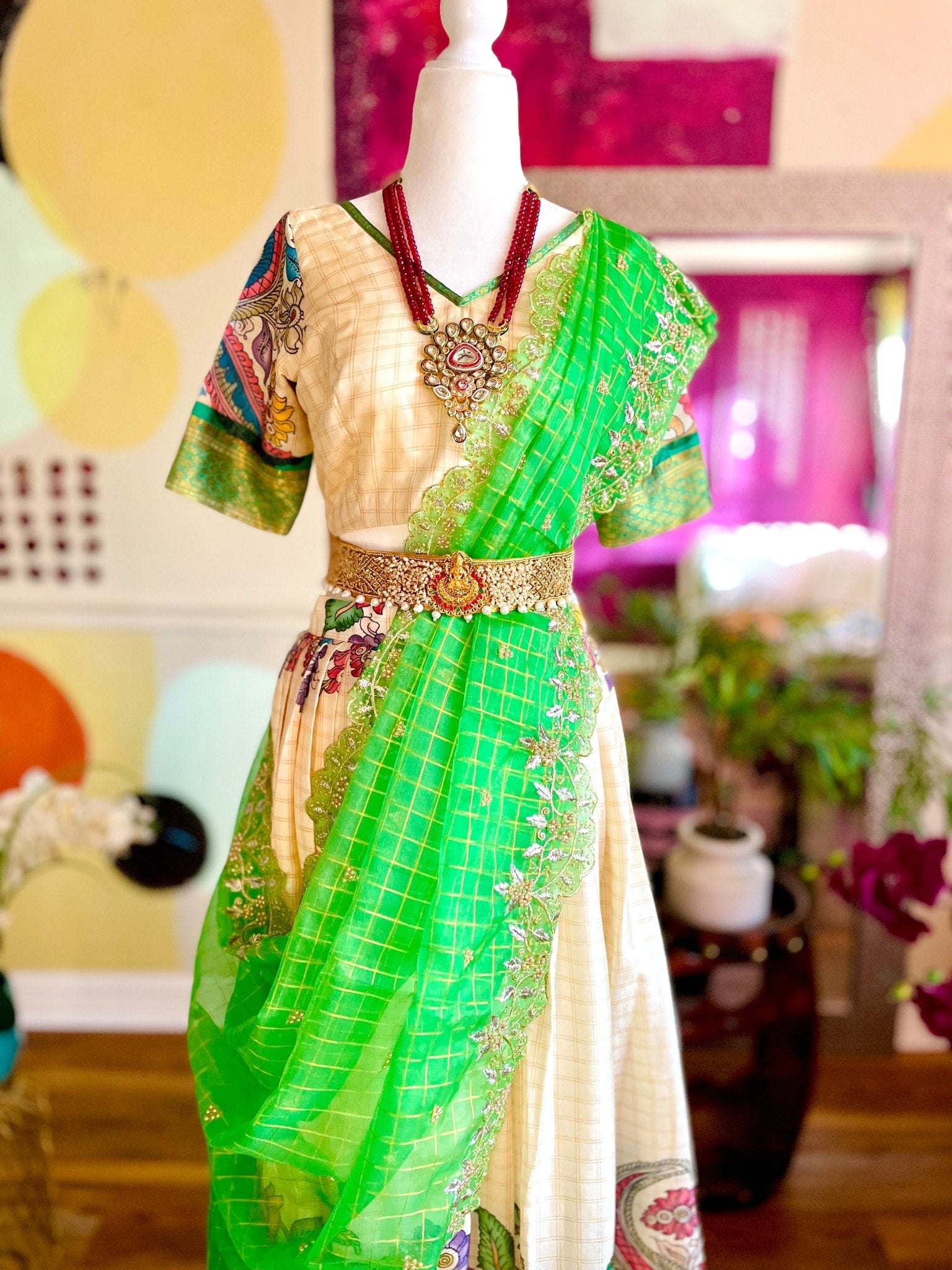 Kalamkari tale lehenga set - Green - Million Raagas