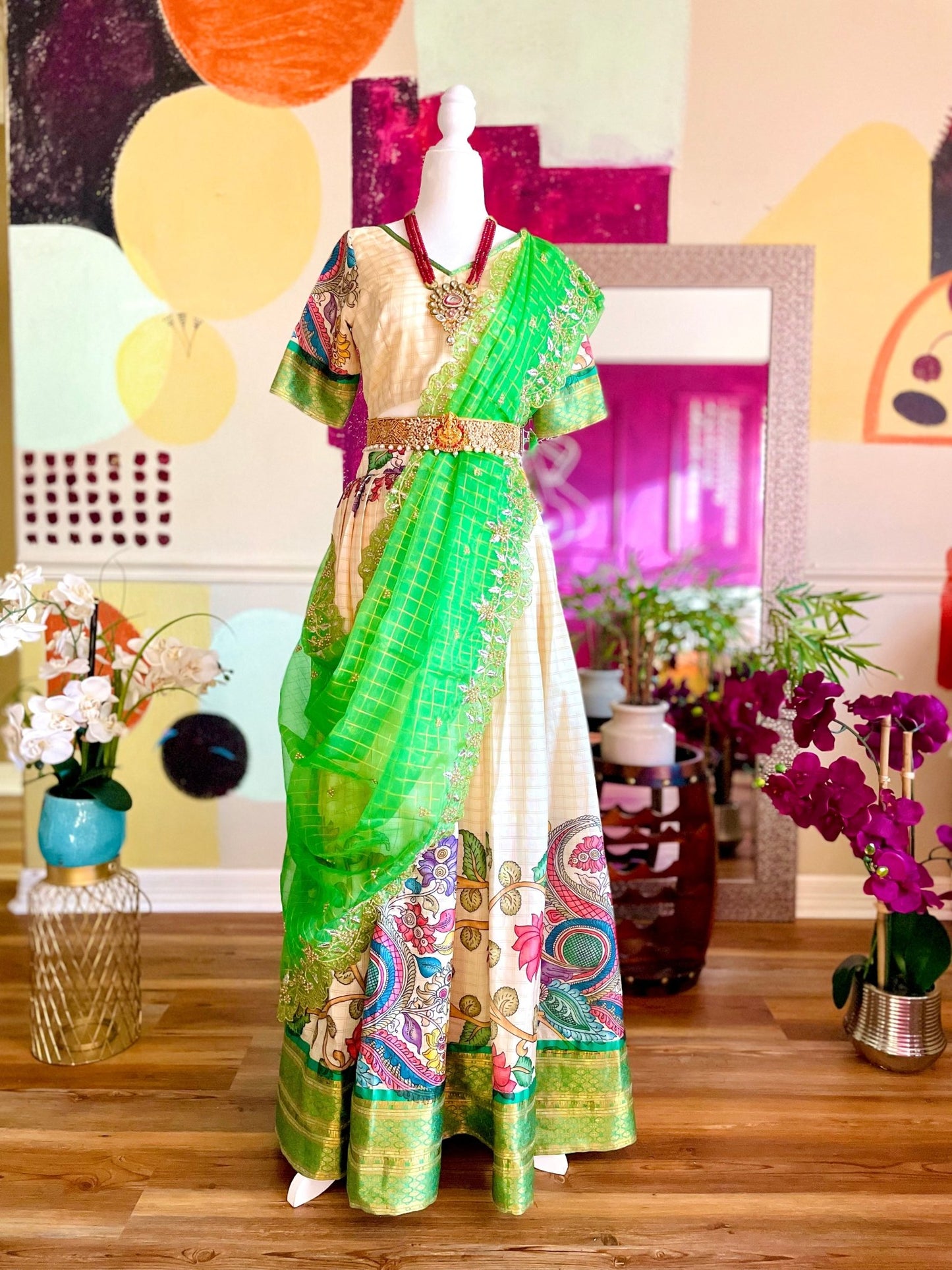 Kalamkari tale lehenga set - Green - Million Raagas