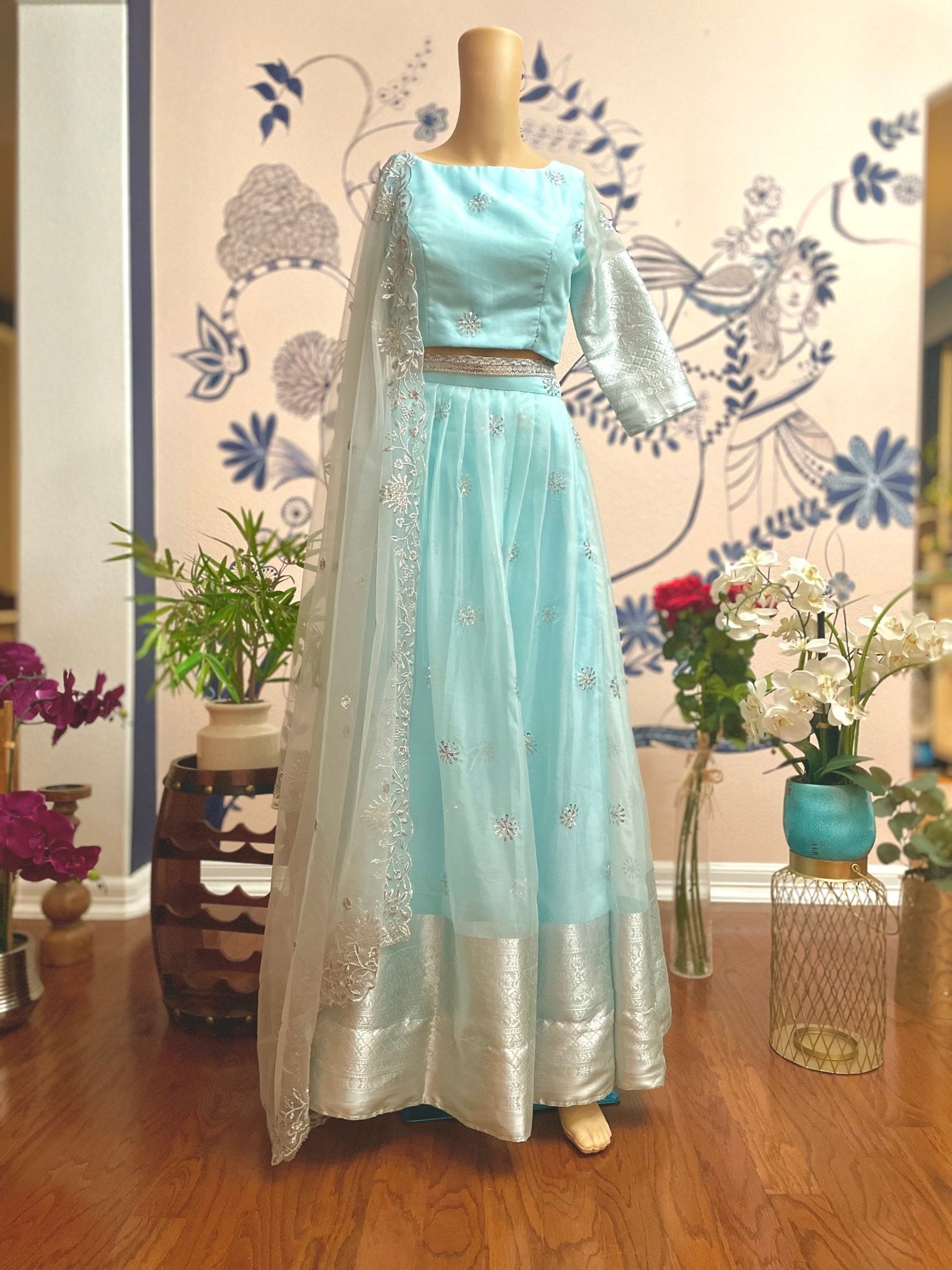 Organza serenade lehenga set - Pastel blue - Million Raagas